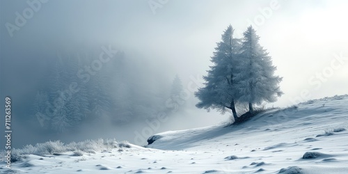 Winter meadow with snow-covered trees near a cliff in the fog during a blizzard. Generative AI. © visoot