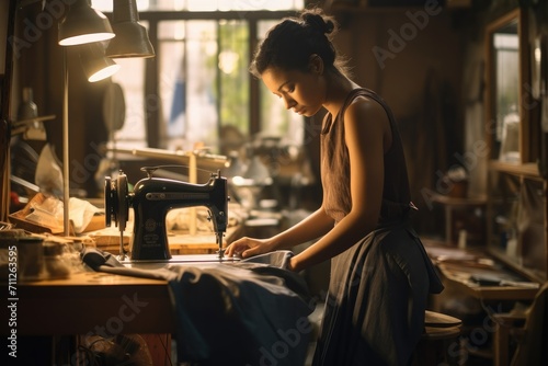 A woman is skillfully using a sewing machine to create clothes in a vibrant workshop, Focused female tailor sewing on machine in atelier, AI Generated photo