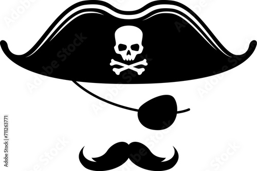 Pirate captain or sailor photo booth mask with tricorn hat, eyepatch and mustache, cartoon vector. Kid carnival party mask template of pirate filibuster or marine buccaneer for photo booth face effect