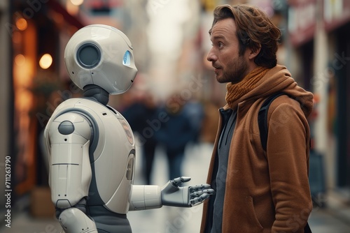 Man talking emotionally with robot on the street of modern city. Generative AI.