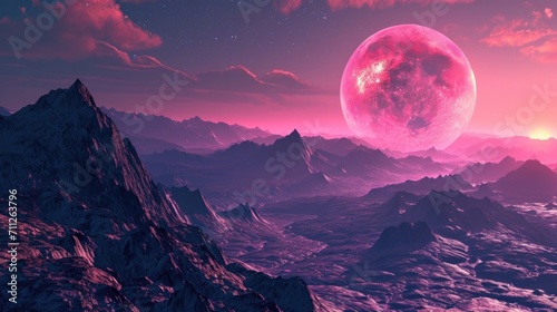 A neon pink moon casts a soft glow over a neon purple terrain on an exotic planet photo
