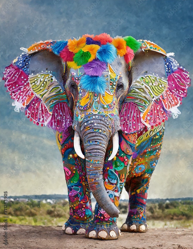 Obraz premium Firefly a cute elephant made of colorful feathers