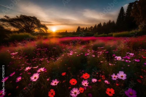 An ethereal natural setting with a cosmos field bathed in the warm glow of the setting sun, the garden around it alive with colorful flowers and lush greenery