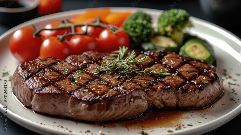 Steak in a white plate with vegetables. Generative AI.