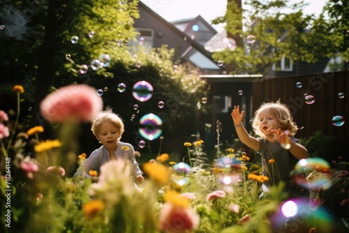 Two young children playing with bubbles in a vibrant and lush garden, garden and children blowing bubbles for bonding, AI Generated