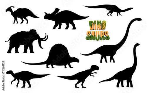 Cartoon dinosaurs  ancient animals characters silhouettes. Tarbosaurus  Brachiosaurus  Iguanodon reptiles  mammoth  Parasaurolophus  Plateosaurus prehistoric animals vector personages silhouettes