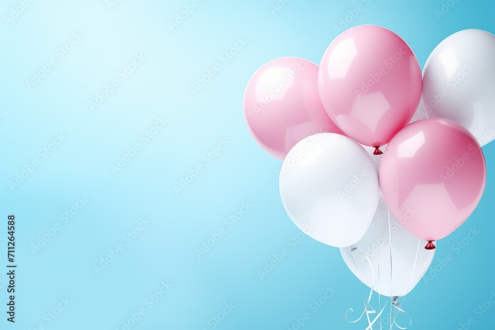 Colorful Pink and White Balloons Floating in the Air for Celebrations and Parties, a colorful gender reveal with pink and blue balloons on a table, AI Generated