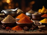 Food ingredients, seasoning herbs and spices in studio background, cinematic food photography 