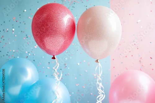 A vibrant assortment of balloons  hovering above the ground  creating a delightful spectacle  gender reveal balloons and glitter invitation for baby shower  AI Generated