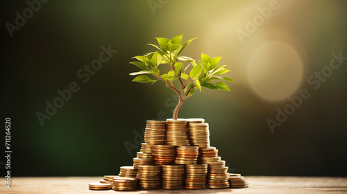 Tree growing on coins stack, sun flaire, bokeh background, AI