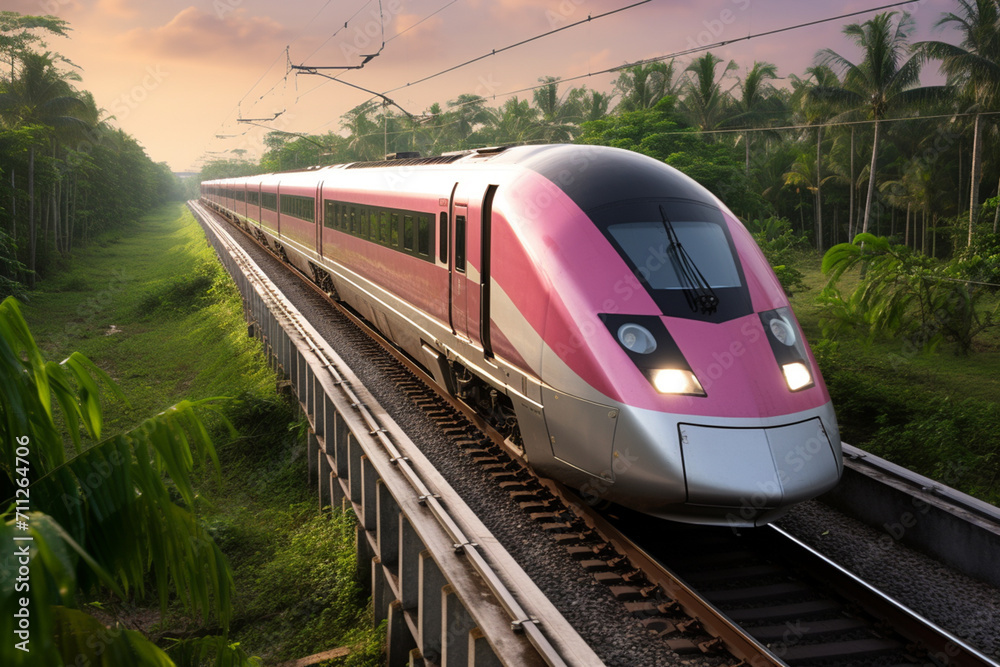 Naklejka premium Speeding through the city on the railway, a fast-moving train creates a motion blur as it passes by the platform, showcasing the dynamic energy of urban transportation