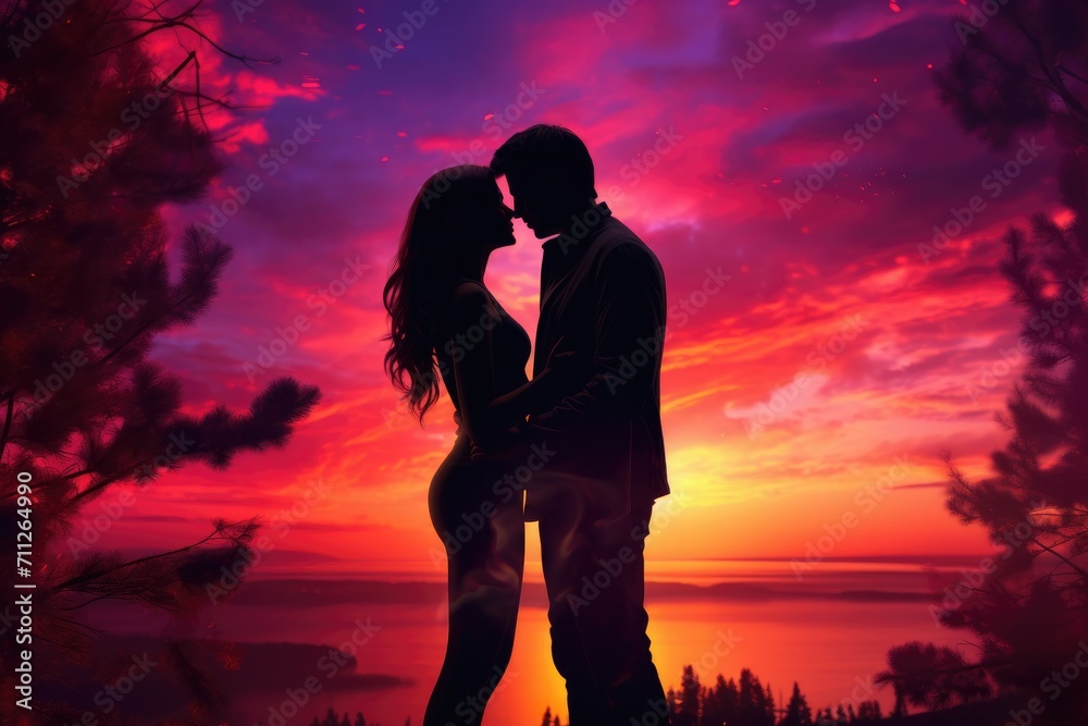 A touching moment of love as a man and woman share a passionate kiss in front of a breathtaking sunset, couple sharing a kiss against a colourful sunset, AI Generated