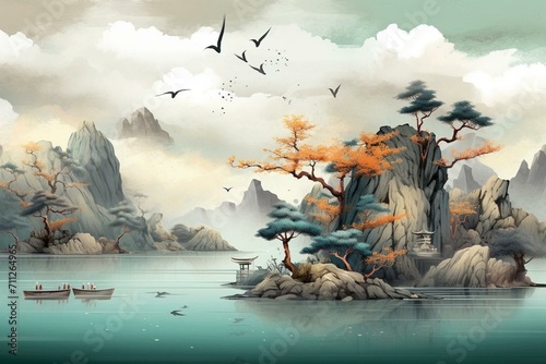 Beautiful Chinese landscape with gray background, golden tree, birds, mountains, white clouds, and turquoise stone in water. Generative AI