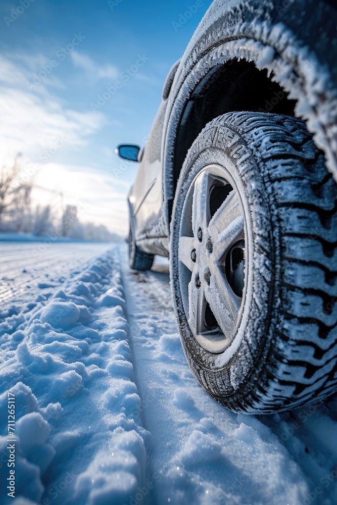 Close-up image of a car tires on the road in winter.