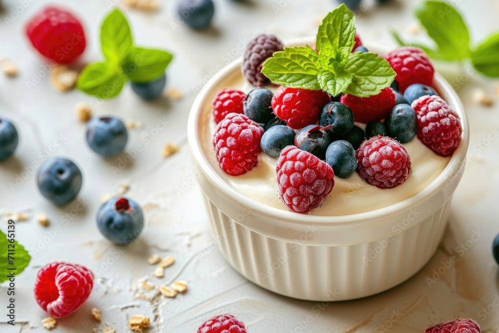 Curd dessert with cream, raspberries, and blueberries garnished with fresh mint Curd dessert with cream, raspberries, and blueberries garnished with fresh mint