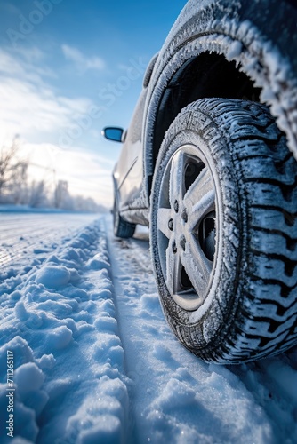 Close-up image of a car tires on the road in winter. © Lubos Chlubny