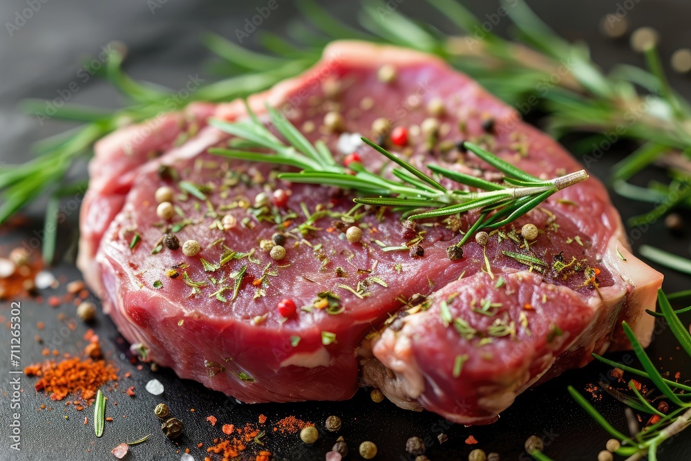 Raw pork steak with rosemary and spices. Raw pork steak with rosemary and spices.
