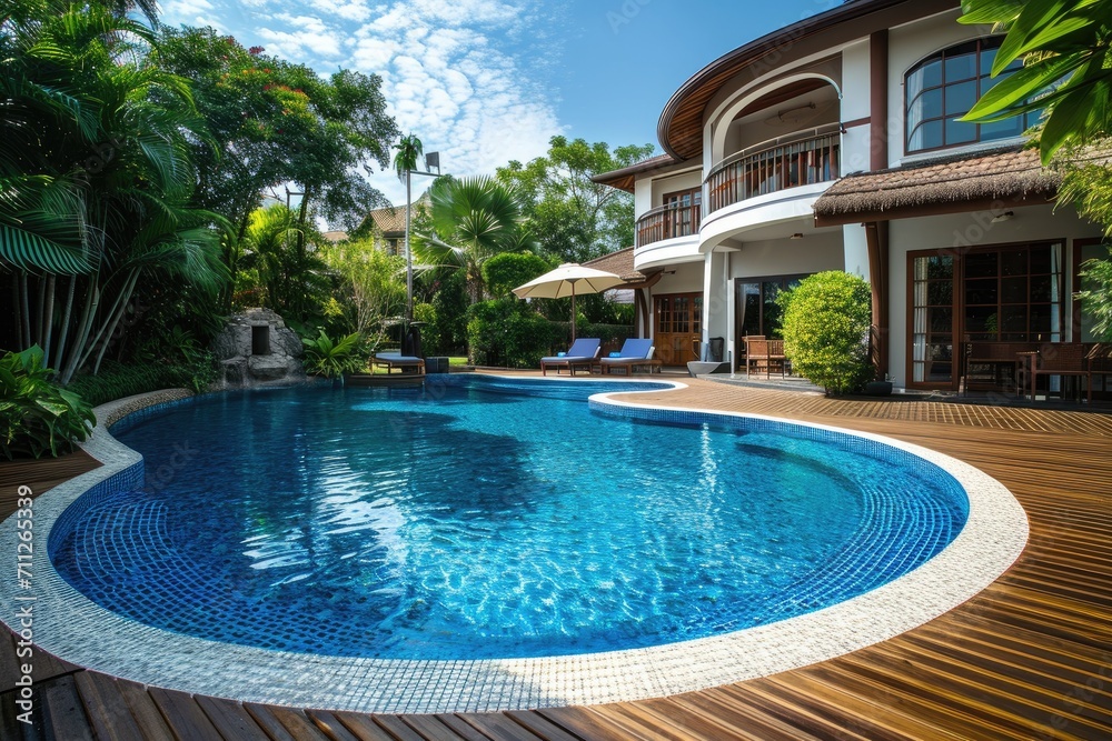 Swimming pool and decking in garden of luxury home.