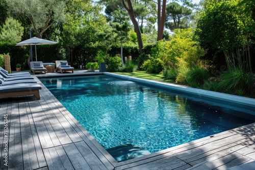 Swimming pool and decking in garden of luxury home.