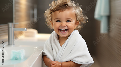 A small child in a towel in the bathroom