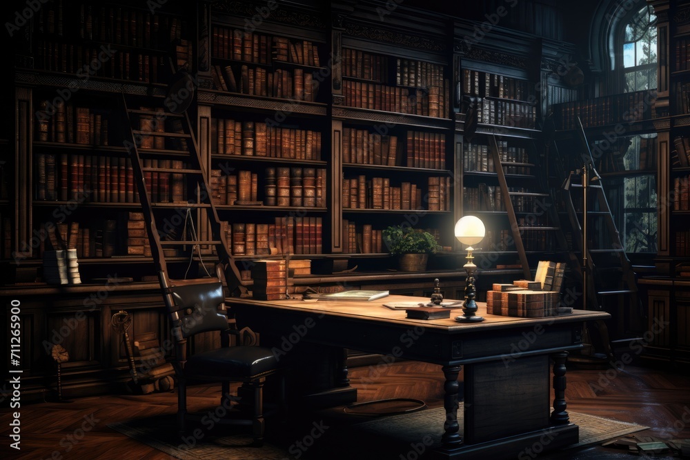 A dimly-lit room filled with an abundance of books and a desk, Dark Academia, Vintage study room with classic books, AI Generated