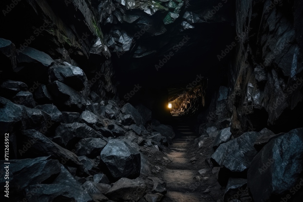 Obraz premium Journey Through the Dark Tunnel Towards the Light of Hope and Possibility, Dark mine tunnel, cave with rocks and wood, old underground passage, AI Generated