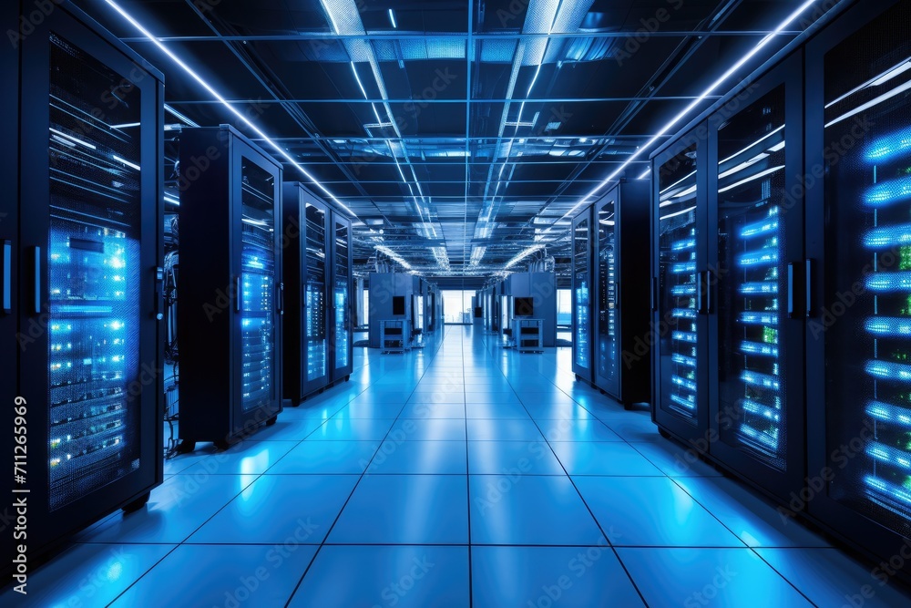 A visual of multiple rows of servers illuminated by blue lights in a data center, Data center server room, AI Generated
