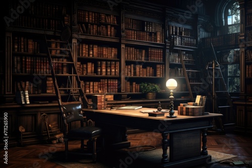 A dimly-lit room filled with an abundance of books and a desk, Dark Academia, Vintage study room with classic books, AI Generated photo