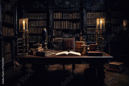 A dimly lit room features a table adorned with a book and a lamp, Dark Academia, Vintage study room with classic books, AI Generated