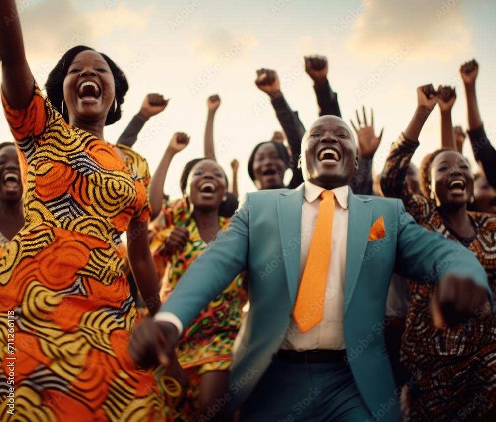 A vibrant crowd of people in African clothing dance with joy on the street, their colorful outfits adding to the festive atmosphere. Generative AI. A vibrant crowd of people in African clothing dance with joy on the street, their colorful outfits adding to the festive atmosphere. Generative AI.