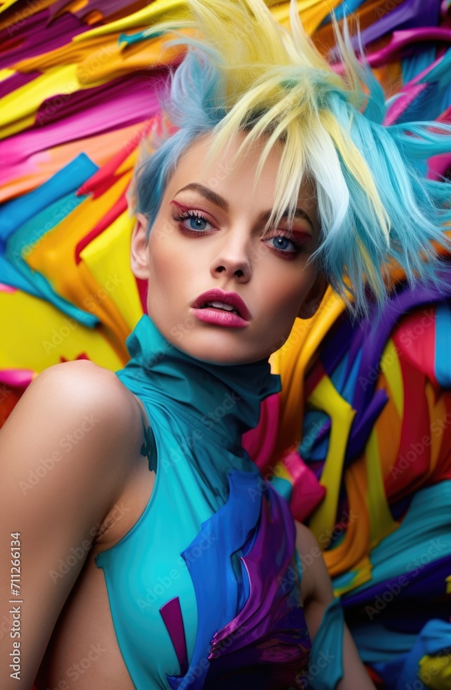 Obraz premium A vibrant woman with colorful hair stands out in a chaotic mix of bold colors and patterns. Generative AI.