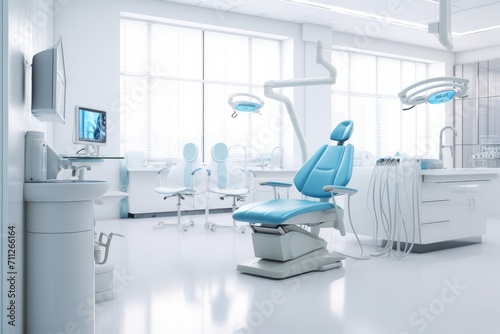 A dentists office featuring blue and white chairs for patients, Dentist office white interior with medical equipment, AI Generated © Iftikhar alam