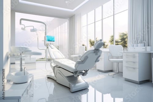 A dental chair surrounded by lots of windows in a clean and bright white room, Dentist office white interior with medical equipment, AI Generated © Iftikhar alam