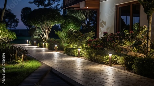 Landscape garden with ambient lighting and illuminated pathway in front of modern house © Ameer