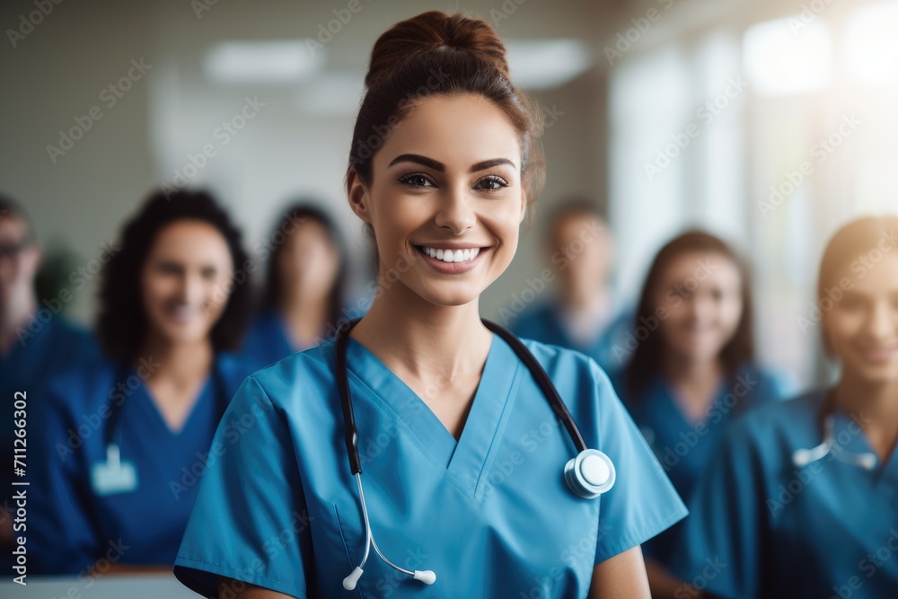 Woman in Scrubs Leading a Group of Nurses in a Hospital Setting, female woman doctor nurse portrait shot smiling cheerful confident standing front row in medical training class, AI Generated Woman in Scrubs Leading a Group of Nurses in a Hospital Setting, female woman doctor nurse portrait shot smiling cheerful confident standing front row in medical training class, AI Generated