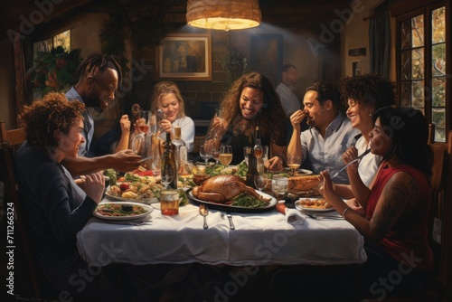 A diverse group of people gathered around a dining table  engaged in conversation and enjoying a meal together  Festive meal  Friends and family gathered around a dining table  AI Generated