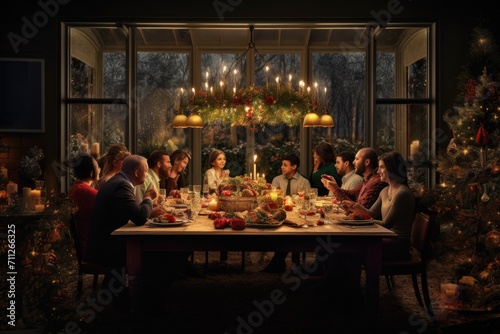 A diverse group of individuals sitting together at a dinner table  engaging in conversation and enjoying a meal  Festive meal  Friends and family gathered around a dining table  AI Generated