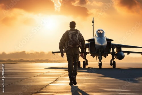A man walks confidently towards a fighter jet parked on a runway, ready for action, Fighter pilot walking to the fighter jet on an airfield in a light of morning sun, AI Generated