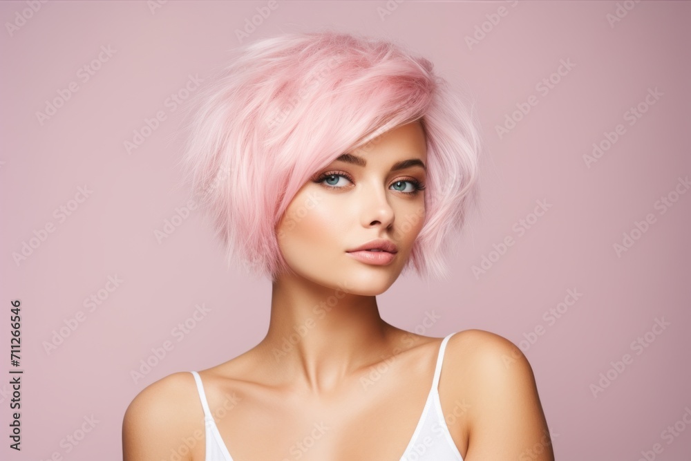 Portrait of beautiful young woman with pink bob hairstyle on pink background Portrait of beautiful young woman with pink bob hairstyle on pink background