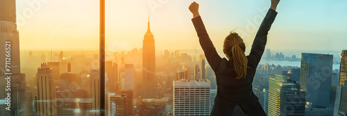 businesswoman on top of skyscraper celebrating success with hands in the air photo
