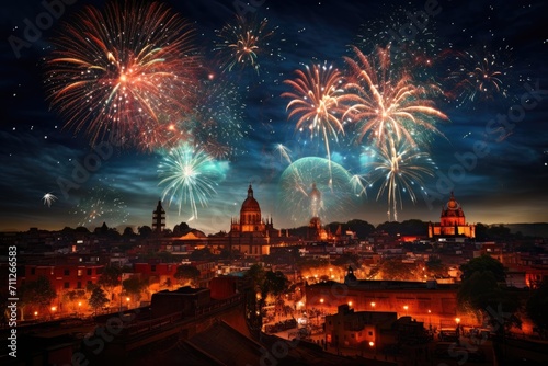 A mesmerizing display of fireworks illuminates a bustling city in the dark of night, Fireworks for Mexican Independence Day, AI Generated