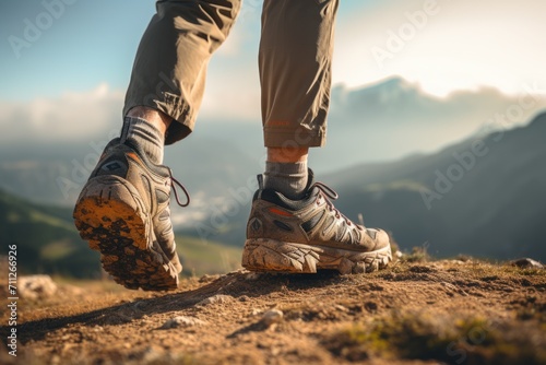 A person stands on top of a dirt hill, with a clear view of the surrounding landscape, focus on shoes of cropping, people hiker in the mountains, AI Generated