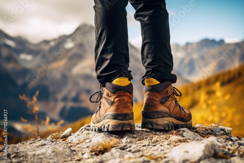 A person standing triumphantly atop a rugged mountain peak, overlooking a breathtaking panorama, focus on shoes of cropping, people hiker in the mountains, AI Generated