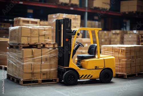 A forklift transporting boxes stacked on its back, Forklift stuffing-unstuffing pallets of cargo to container on warehouse leveler dock, AI Generated © Iftikhar alam