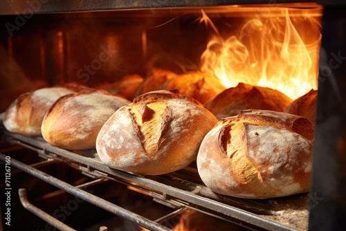 A variety of bread loaves being baked simultaneously in a hot oven, fresh bread in bakery oven, AI Generated