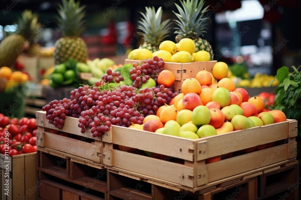 An assortment of various types of fresh fruit arranged and packed in a wooden crate, available for purchase, fresh fruits on crates on shop market, AI Generated