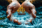 Miniature Ship in Hands Surrounded by Water Stream