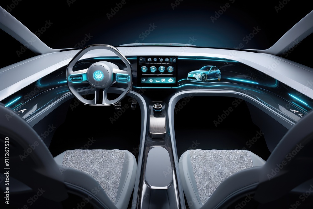 An image of a modern car with an advanced design featuring a steering wheel and dashboard, Future science fiction style, electric car dashboard steering wheel interior design, AI Generated