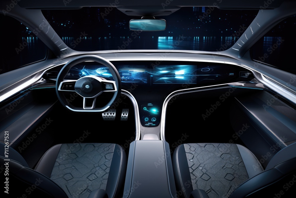 A view inside a car showing the dashboard with its controls and the steering wheel, Future science fiction style, electric car dashboard steering wheel interior design, AI Generated