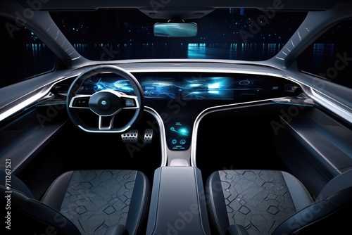 A view inside a car showing the dashboard with its controls and the steering wheel, Future science fiction style, electric car dashboard steering wheel interior design, AI Generated